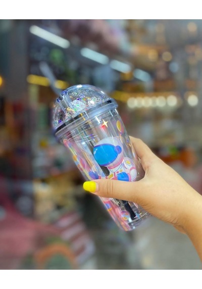 Pipetli Bardak Matara Sevimli Suluk 450 Ml Çift Astronot Figürlü Mavi