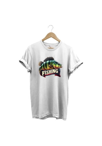 Fishing Balıkçılık Baskılı Levrek Balığı %100 Pamuk Regular Fit Bisiklet Yaka Beyaz T-shirt Beyaz