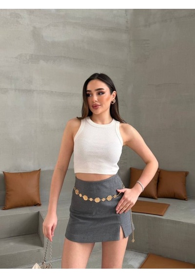 Dogutrend Kadın Halter Yaka Fitilli Esnek Crop Atlet Bej