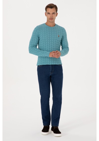 U.S. Polo Assn. Erkek Slim Fit Bisiklet Yaka Desenli Mint Kazak 50307836-VR152
