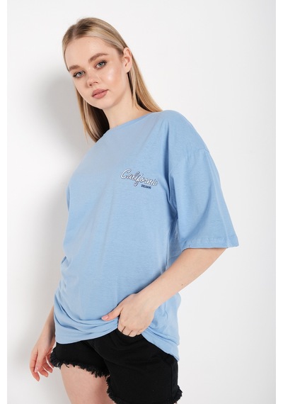 Flood Of Style Kadın Bebe Mavisi Oversize California Baskılı T-shirt Mavi