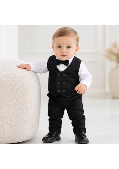 Maxx Kleın Erkek Bebek Siyah Yelekli Takım Elbise Gömlek Papyon Pantolon 6-9-12-18-24 Ay