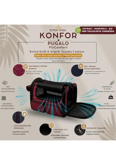 Pugalo Flycomfort Kedi Köpek Taşıma Çantası, Naylon, 40x30x35 Cm, Kabin Boy, Uçak Uyumlu, Yırtılmaz File Bordo