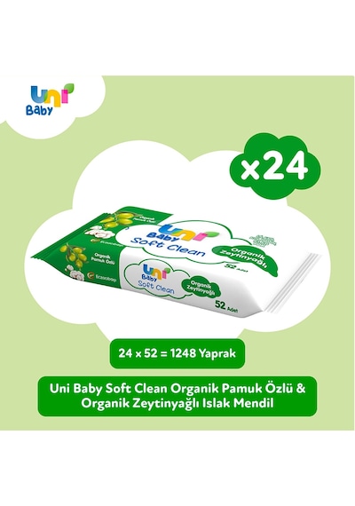 Uni Baby Soft Clean Organik Pamuk Özlü & Organik Zeytinyağlı Islak Mendil 24x52 Adet UNI-9122