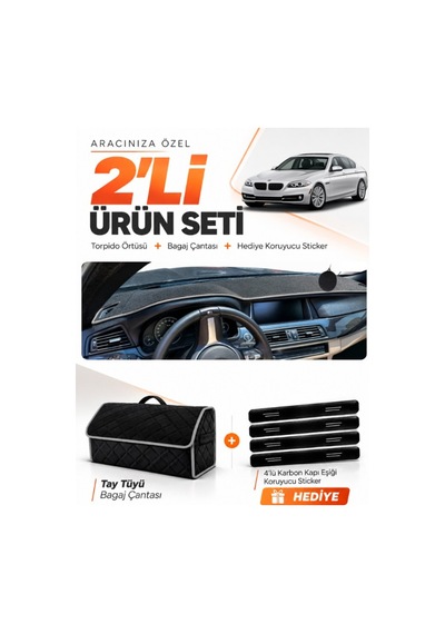 E-biz Bmw F10 2010-2017 Uyumlu Torpido Örtüsü + Tay Tüyü Bagaj Çantası Seti - Siyah-gri - Bm004
