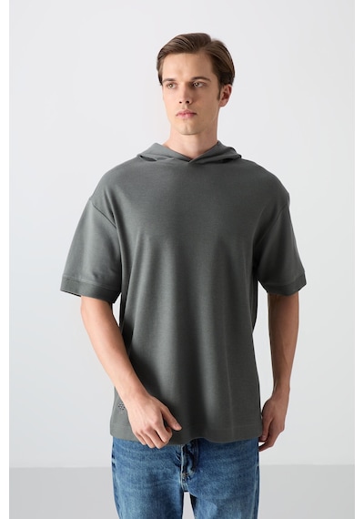 Tommy Life Haki Pamuklu Kalın Yüzeyi Dokulu Oversize Fit Basic Erkek T-shirt - 88335 Haki