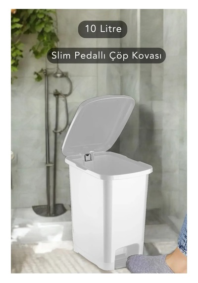 Slim Pedallı Banyo Mutfak Çöp Kovası 10 Litre Ergonomik Tasarım Plastik Malzeme İle Kullanışlı Beyaz