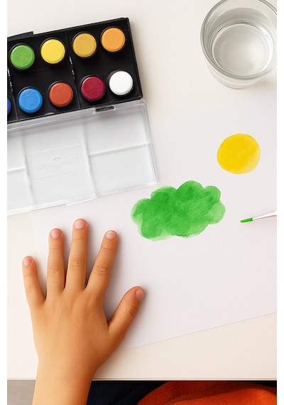 Faber-Castell Suluboya 12 Renk, Büyük Boy, Parlak ve Örtücü Renkler, Kağıt Yüzeylere Uygun, Karıştırılabilir