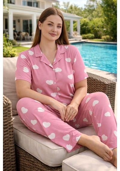 Remsa Büyük Beden Kadın Kısa Kol Milan Kumaş Pijama Takımı 50501-2517 Pembe04