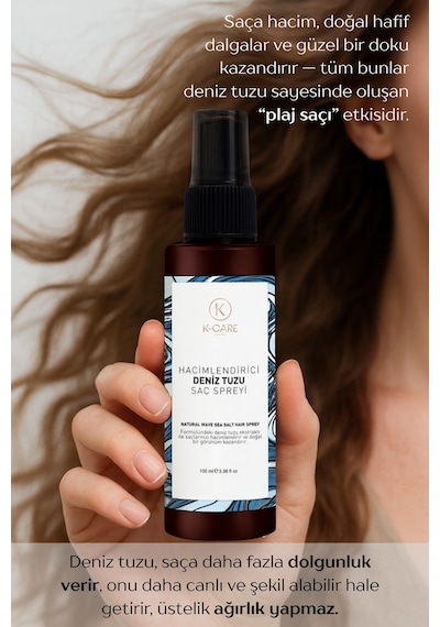 K K-care Cosmetics Doğal Dalga Sağlayan ve Hacim Veren Deniz Tuzu Saç Spreyi 100 ML﻿﻿