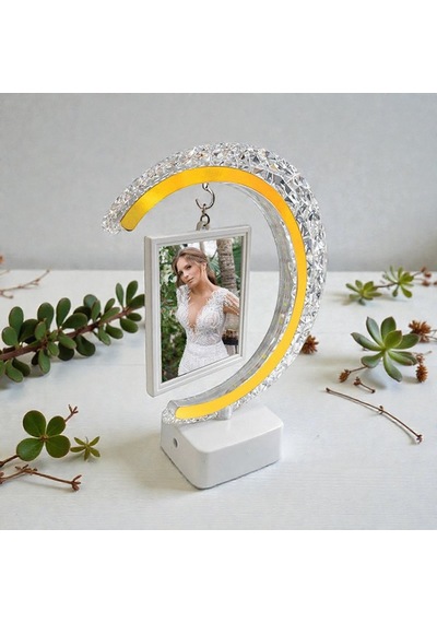 Kristal Led'li Hilal Fotoğraf Çerçevesi Dokunmatik Işıklı 2 Fotoğraflı Kişiye Özel Hediye Beyaz