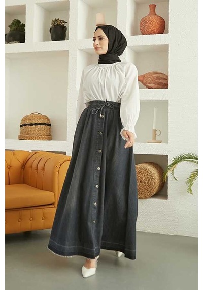 2215-denim Mevlana Düğmeli Etek Koyu Gri-1 Koyu Gri-1 Gri