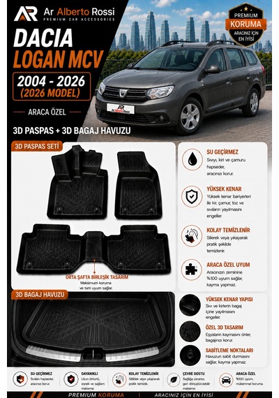 Dacıa Logan Mcv 2004 2026-2026 Araca Özel 3d Paspas + 3d Bagaj Havuzu