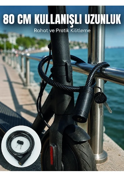 Bisiklet Ve Scooter Kilidi 12 Mm Çelik Halat 80 Cm Anahtarlı Kilit Pvc Koruyucu Kaplama 2 Anahtarlı Güvenlik Sistemi Siyah