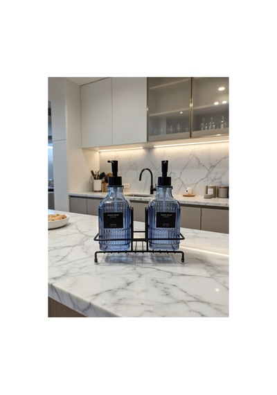 Modern Çizgili Cam İkili Sıvı Sabunluk & Deterjanlık Seti - 500ml Standlı Mutfak Ve Banyo Organizeri Mavi
