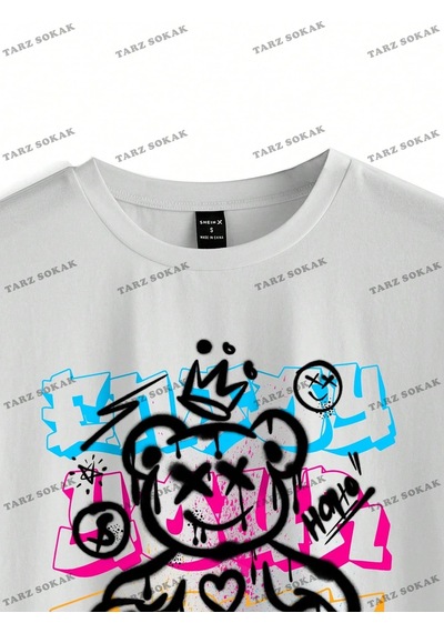 Tarzsokak Unisex Bay Desen Baskılı Düşük Omuzlu T-shirt Kod-1334 Beyaz