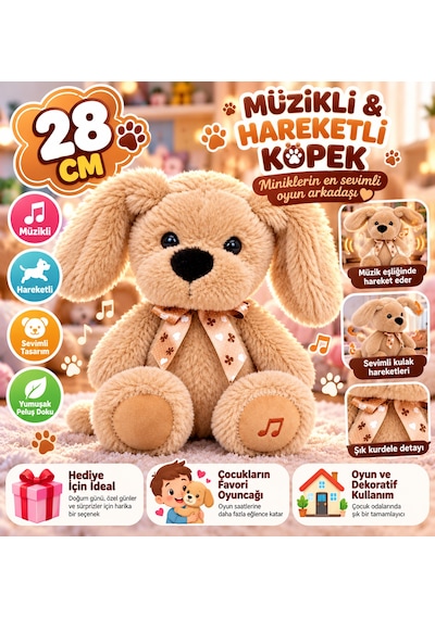 28 Cm Müzikli Hareketli Peluş Köpek Yumuşacık Sevimli Oyun Arkadaşı Kahverengi