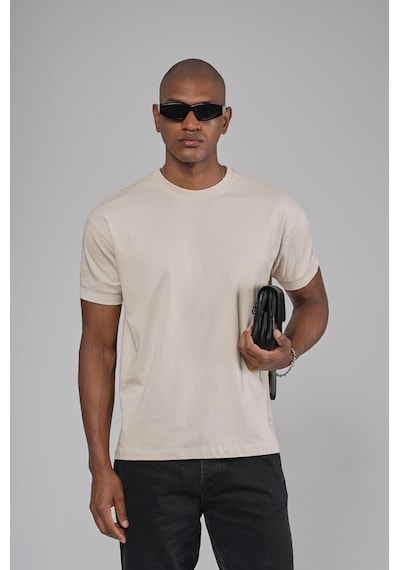 King Brich Slim Fit Kalıp Kolu Ribanalı Basic %100 Pamuklu Tişört Bej