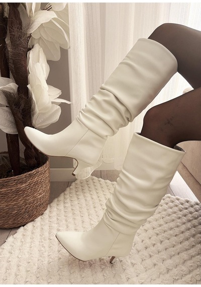 Asmi Shoes Kadın Oslo Topuklu Körüklü Şık Tarz Günlük Rahat Çizme Beyaz Beyaz