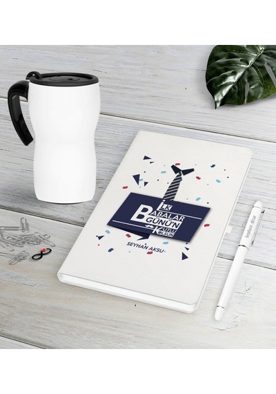 Kişiye Özel İlk Babalar Günün Kutlu Olsun Beyaz Defter Kalem Termos Mug Seti-1