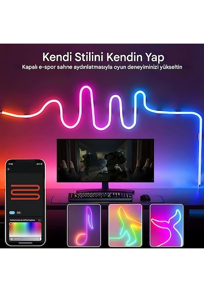 5v Rgb Neon Şerit Led Lamba 3 Metre Telefon Ve Kumanda İle Kontrol Sınırsız Renk Tak Çalıştır Çok Renkli