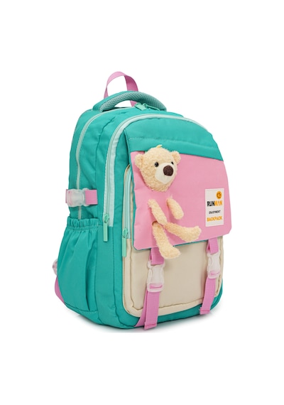Peluş Ayıcık Detaylı Kız Çocuk İlkokul Çanta Seti Su Yeşili - Pembe