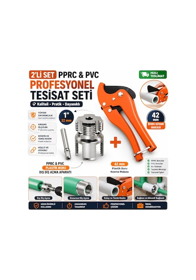 Pprc & Pvc Plastik Boru Diş Açma Aparatı + 42 Mm Plastik Boru Kesme Makası Profesyonel 2'li Set
