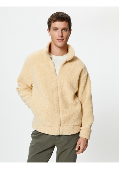 Koton Peluş Sweatshirt Fermuarlı Dik Yaka Yumuşak Dokulu Bej 4wam70437mk Ekru