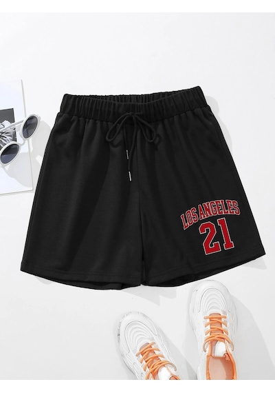 Letter Graphic Drawstring Waist Şort Siyah