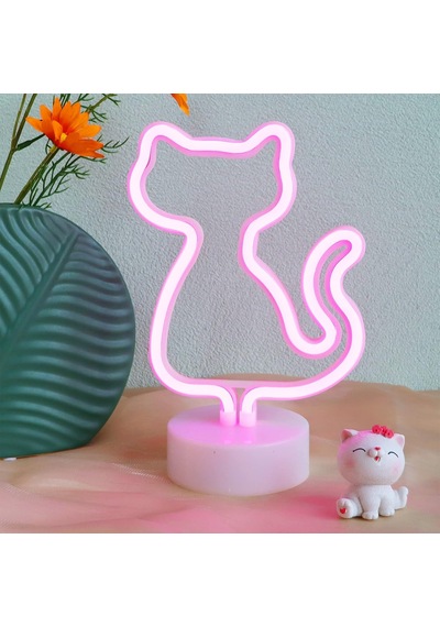 Neon Işık Kedi Neon Tabelaları Gece Lambası Sevimli Pembe Kedi Odası Dekor Tutucu Taban Masa Neon Işık Çocuk Oda Çok Renkli
