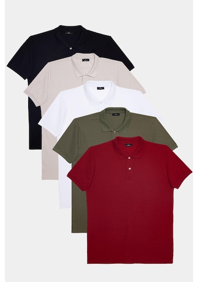 Tudors Erkek 5'li Paket Siyah-gri-beyaz-haki-bordo Slim Fit Dar Kesim Pamuklu Düz Pike Polo Yaka Tişört-32051 Çok Renkli