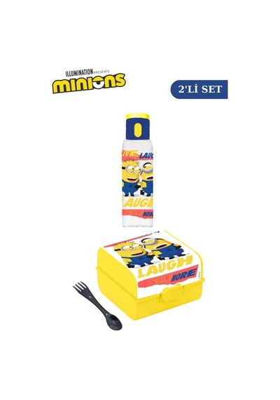Flosoft Lisanslı Minions Düğmeli Matara Ve Beslenme Kutusu, 3 Bölmeli Okul Kabı Ve Suluğu 2 Li Set