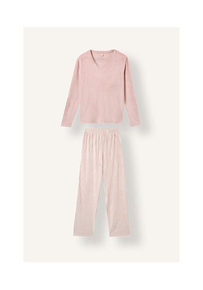 Defacto Regular Fit Uzun Kollu Velur Üst Çizgili Uzun Alt Pijama Takımı A6205ax26aubr86 Pembe-br86