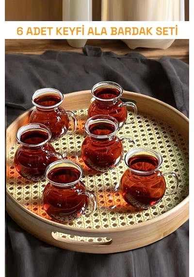 6lı Bardak Takımı Kulplu Çay Fincanı Bardağı Seti Royal Keyfi Ala Borosilikat Cam Isıya Dayanıklı
