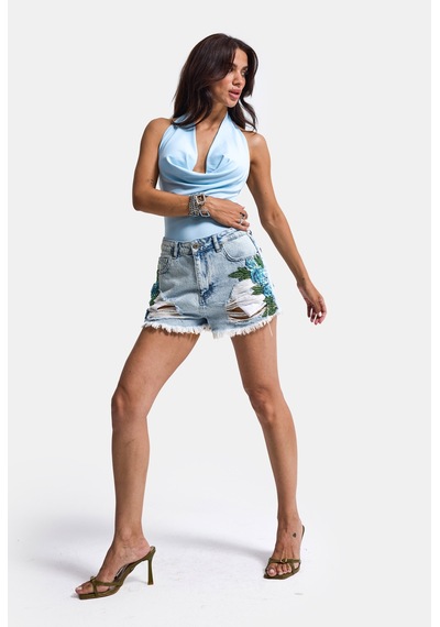 it's basic Kadın Kot Rengi 11s6-3 Özel Taş Ve Nakış Detaylı Mini Boy Denim Şort Çok Renkli