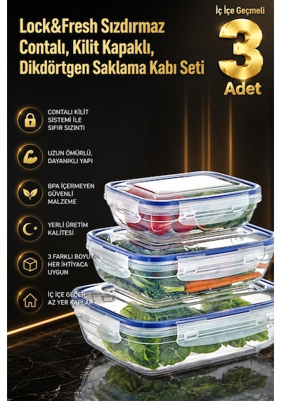 Sızdırmaz Silikon Contalı, Hava Almayan Kilitli Kapaklı, 3 Boy Saklama Kabı Seti (310,565,975 ml)