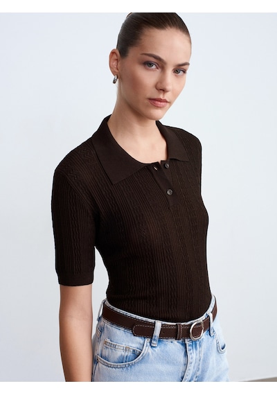 Dilvin 10781 Polo Yaka Ajurlu Triko Bluz-koyu Kahve