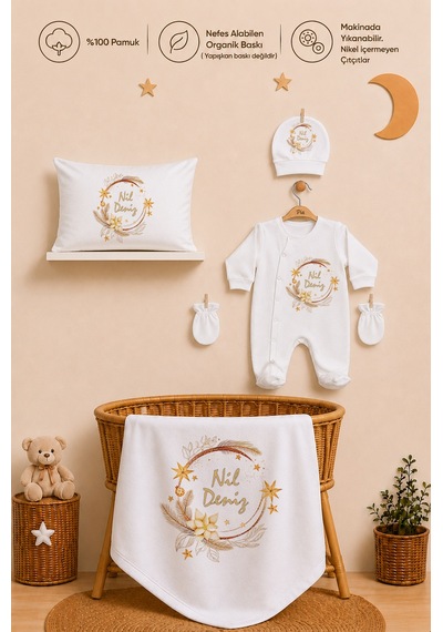 Pia Baby Kız Bebek Tulum Seti İsim Baskılı %100 Pamuk Yastık Kılıfı Ve Battaniye 1093tyb0x Ekru