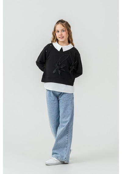 Miniko Kids Kız Çocuk Bayramlık Çiçekli Taşlı Kot Pantolonlu 2li Takım Siyah