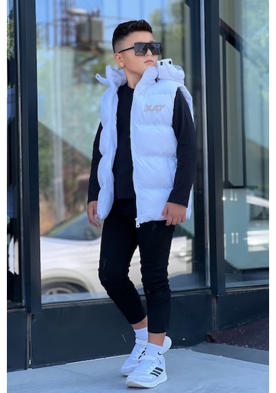 Pina Kids Erkek Çocuk Baskılı Çıkarılabilir Kapüşonlu Şişme Yelek 3017 Beyaz