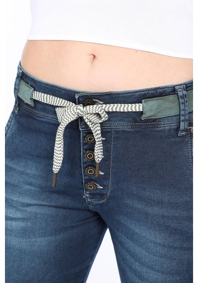 Kadın Belden Bağlamalı Jean Pantolon Koyu Mavi
