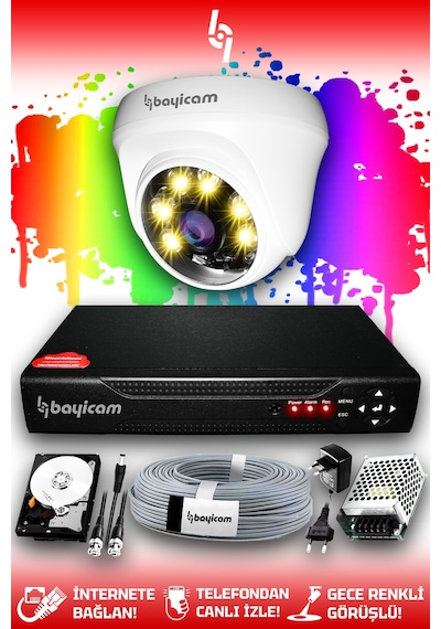 Bayicam 1 Kameralı Dome 1 İç Kamera Set 2 TB HDD Full HD Renkli Gece Görüşlü Güvenlik Kamerası Sistemi