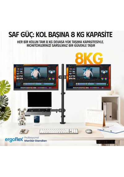 Ergoflex EF75 Steel Design 2-8 kg Triple Kol Asansörlü 13"-27" Monitör&10-17" Laptop Standı
