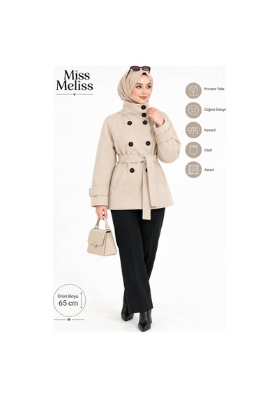 Miss Meliss Kruvaze Yaka Kemerli Spor Kaşe Bej Bej