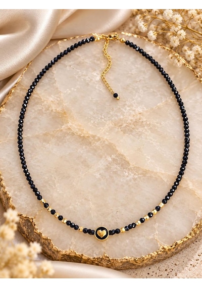 Spinel Taşlı Kalp Detaylı Gold Kolye Siyah