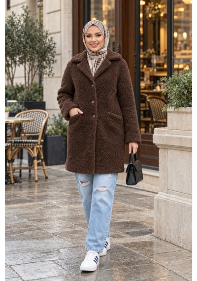 Hb Harma Time Butik Kadın Astarlı Düğmeli Kruvaze Kahverengi Peluş Kaban