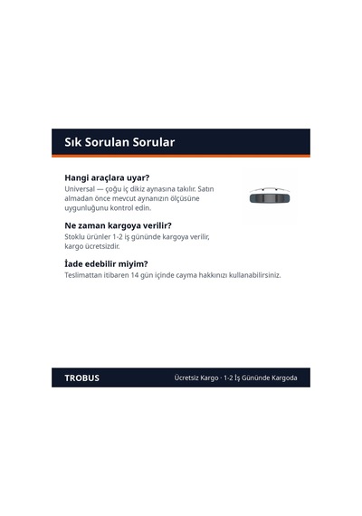 Trobus Oto İç Dikiz Aynası Ek Ayna Bombeli Lastikli Geçme Model 35x8 Cm