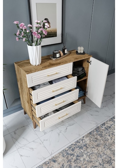 Panjurlu 4 Çekmeceli 1 Kapaklı Şifonyer Modern Tasarım, Mdf Kapak,ekru Ceviz Ceviz - Ekru Panjurlu 4 Çekmeceli 1 Kapaklı Şifonyer Modern Tasarım, Mdf Kapak,ekru Ceviz Ceviz - Ekru