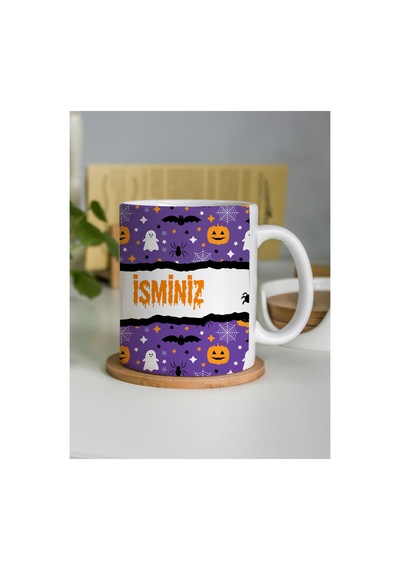 Mor Halloween Konseptli Porselen Çay Kahve Kupası - Kişiselleştirilebilir İsme Özel Kupa Bardak Çok Renkli - 876081515 Çok Renkli - 876081515 Çok Renkli