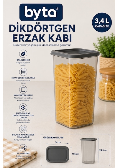 3,4 L Dikdörtgen Erzak Saklama Kabı Bpa Free Kapaklı Gıda Saklama Kabı Buzdolabı, Derin Dondurucu Ve Kiler Düzenleyici Şeffaf